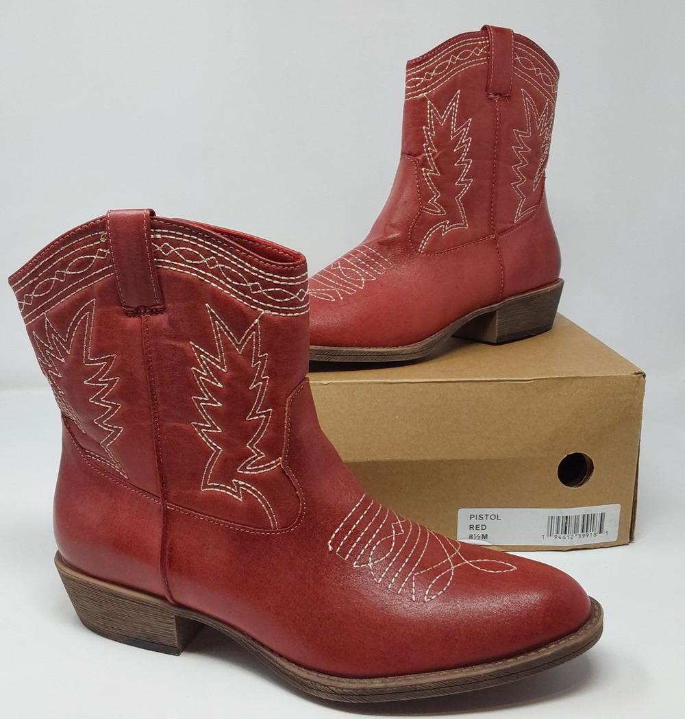 Women's Red Western Cowboy Ankle Boots Leather Zip Booties Size 8.5 M